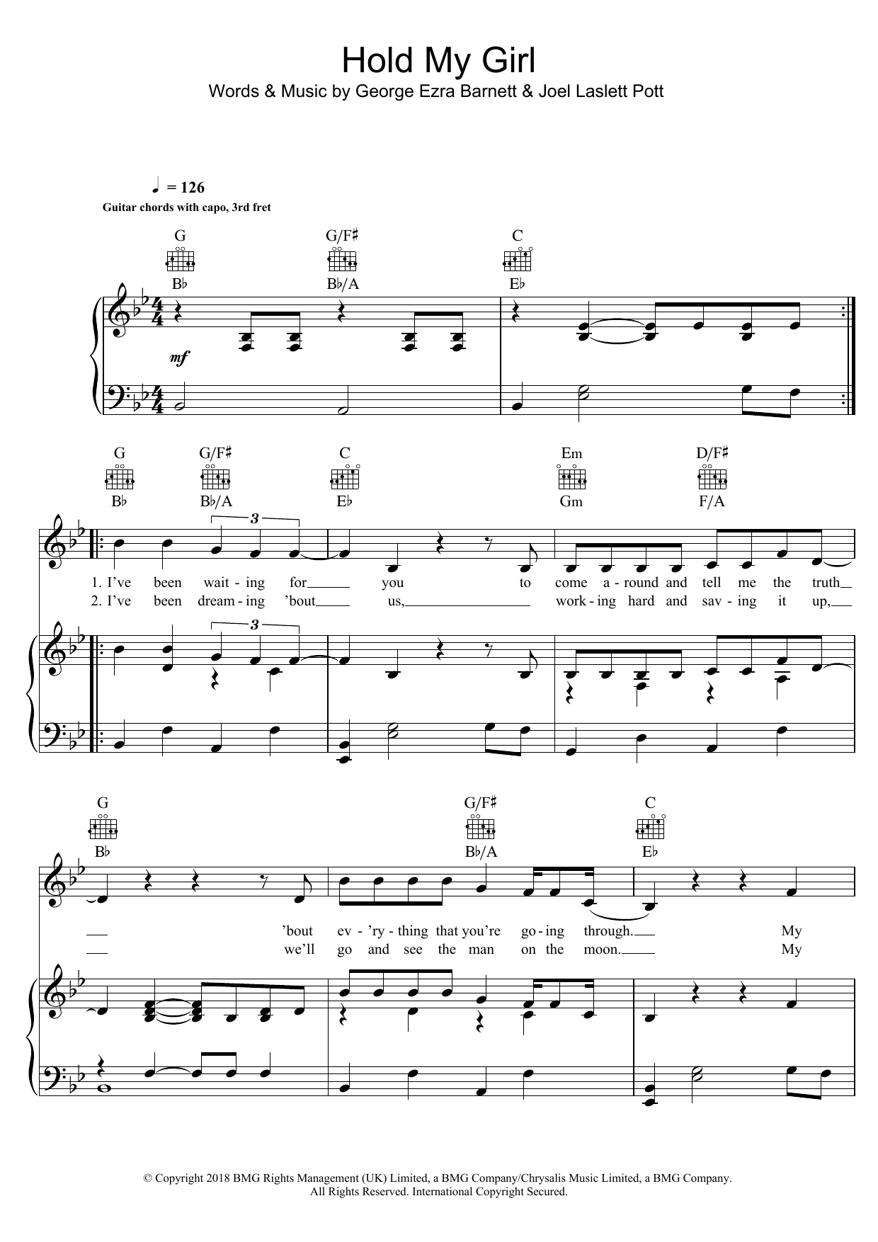 George Ezra Hold My Girl Sheet Music Notes & Chords for Piano, Vocal & Guitar Chords (Right-Hand Melody) - Download or Print PDF