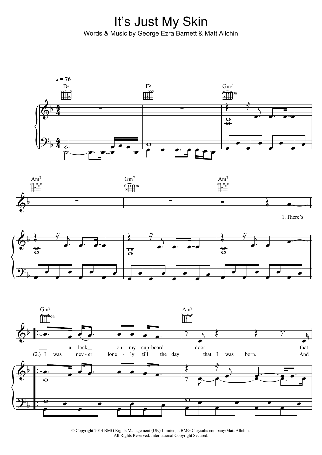 George Ezra It's Just My Skin Sheet Music Notes & Chords for Piano, Vocal & Guitar (Right-Hand Melody) - Download or Print PDF