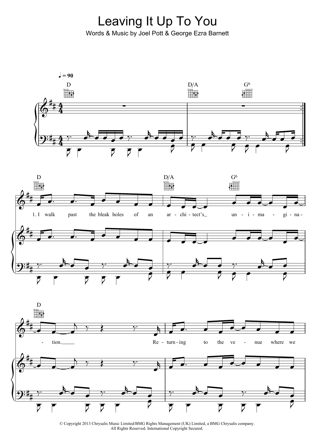 George Ezra Leaving It Up To You Sheet Music Notes & Chords for Piano, Vocal & Guitar (Right-Hand Melody) - Download or Print PDF