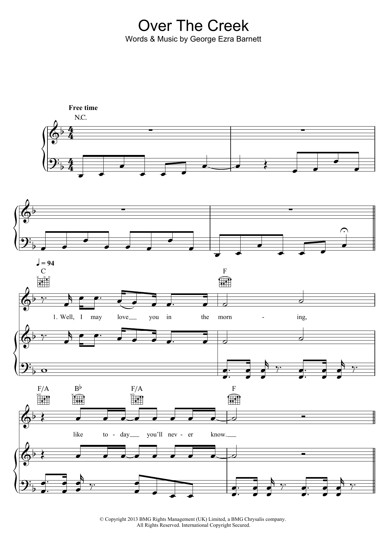 George Ezra Over The Creek Sheet Music Notes & Chords for Piano, Vocal & Guitar (Right-Hand Melody) - Download or Print PDF