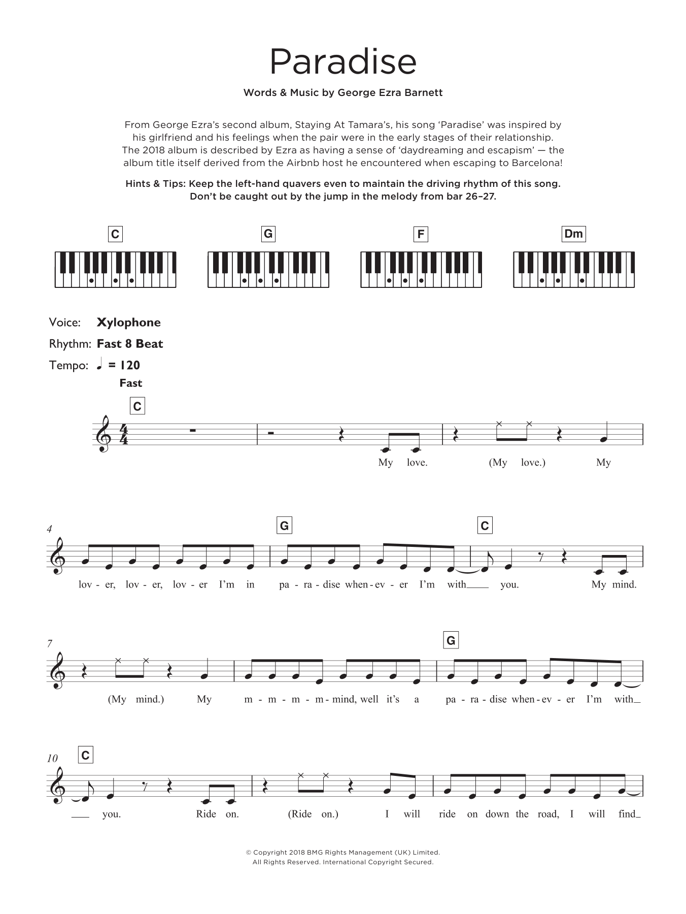 George Ezra Paradise Sheet Music Notes & Chords for Piano, Vocal & Guitar (Right-Hand Melody) - Download or Print PDF