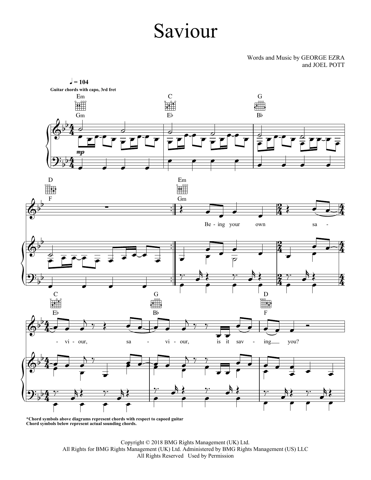 George Ezra Saviour (feat. First Aid Kit) Sheet Music Notes & Chords for Piano, Vocal & Guitar Chords (Right-Hand Melody) - Download or Print PDF