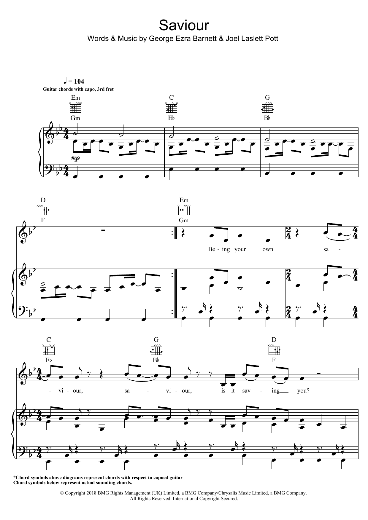 George Ezra Saviour (featuring First Aid Kit) Sheet Music Notes & Chords for Piano, Vocal & Guitar (Right-Hand Melody) - Download or Print PDF