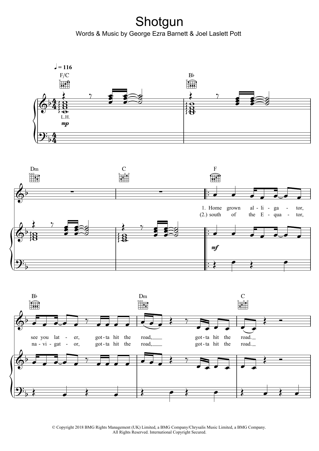 George Ezra Shotgun Sheet Music Notes & Chords for Piano, Vocal & Guitar (Right-Hand Melody) - Download or Print PDF