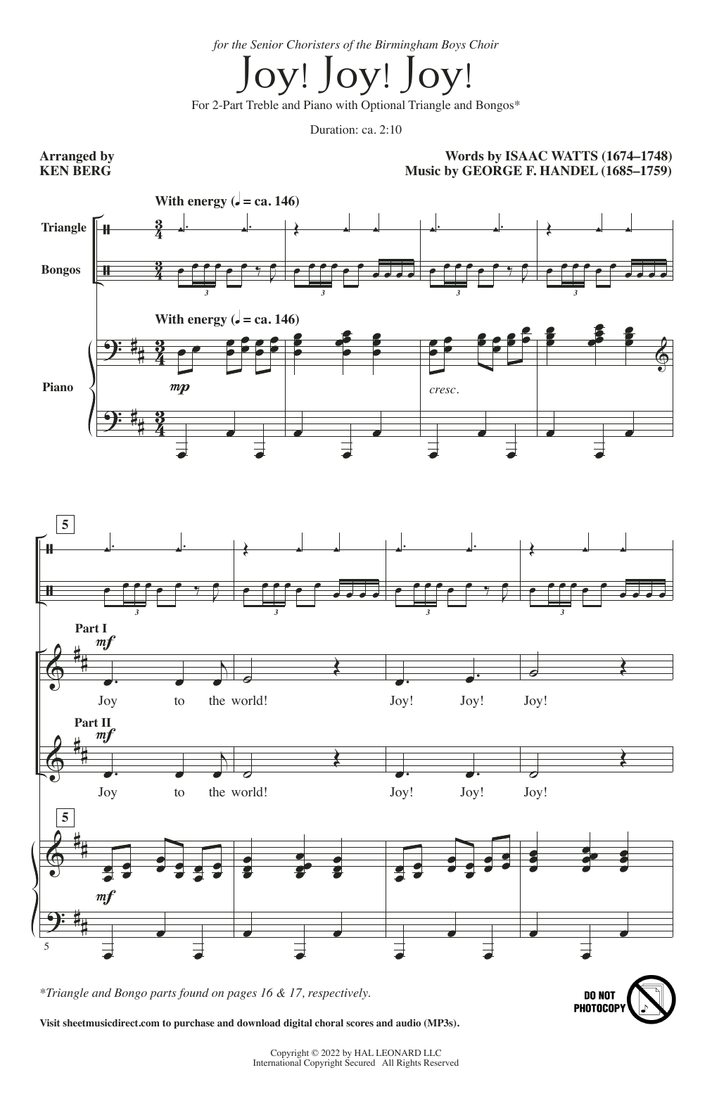George F. Handel Joy! Joy! Joy! (arr. Ken Berg) Sheet Music Notes & Chords for 2-Part Choir - Download or Print PDF