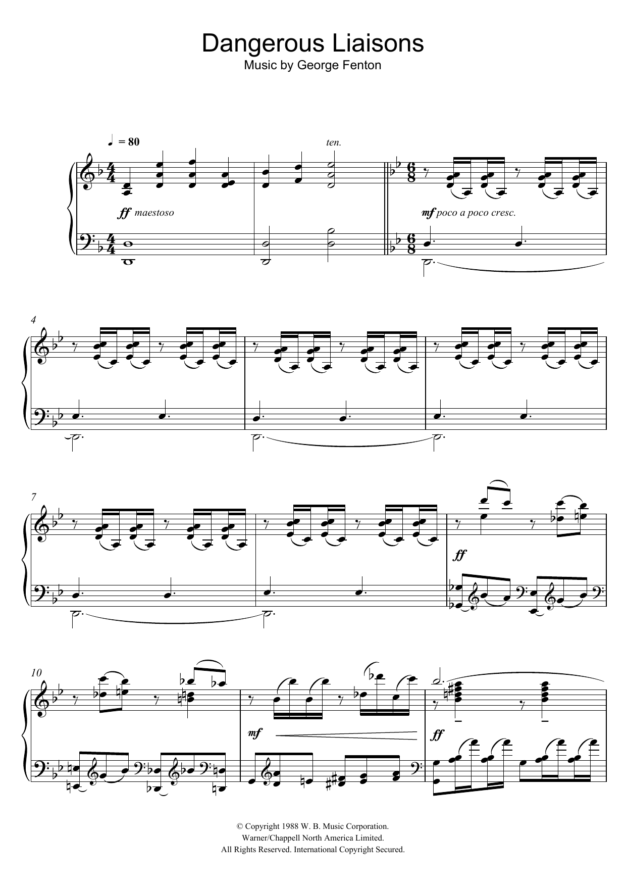 George Fenton Dangerous Liaisons (Main Title) Sheet Music Notes & Chords for Piano - Download or Print PDF