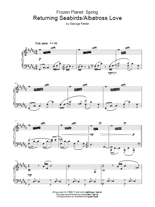 George Fenton Frozen Planet, Returning Seabirds/Albatross Love Sheet Music Notes & Chords for Piano - Download or Print PDF George Fenton Frozen Planet, Returning Seabirds/Albatross Love Sheet Music Notes & Chords for Piano - Download or Print PDF