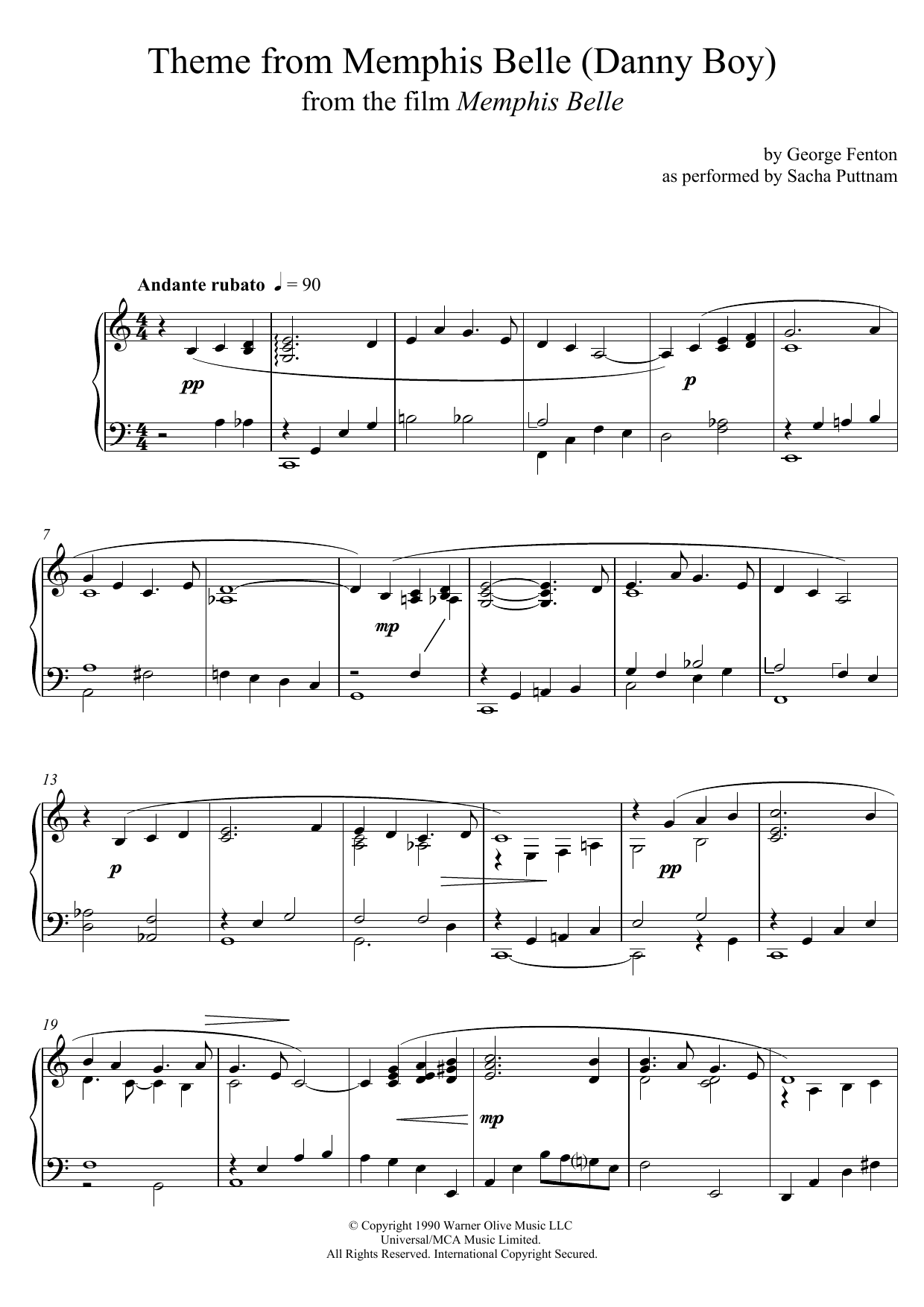 George Fenton Memphis Belle (Main Title) (as performed by Sacha Puttnam) Sheet Music Notes & Chords for Piano - Download or Print PDF