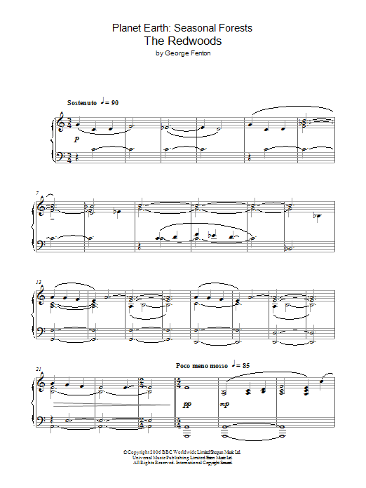 George Fenton Planet Earth: The Redwoods Sheet Music Notes & Chords for Piano - Download or Print PDF