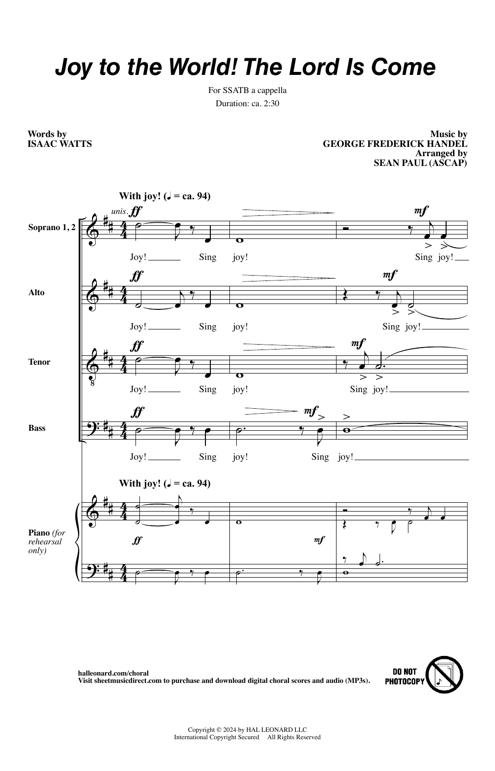 George Frederick Handel Joy To The World! The Lord Is Come (arr. Sean Paul) Sheet Music Notes & Chords for SSATB Choir - Download or Print PDF