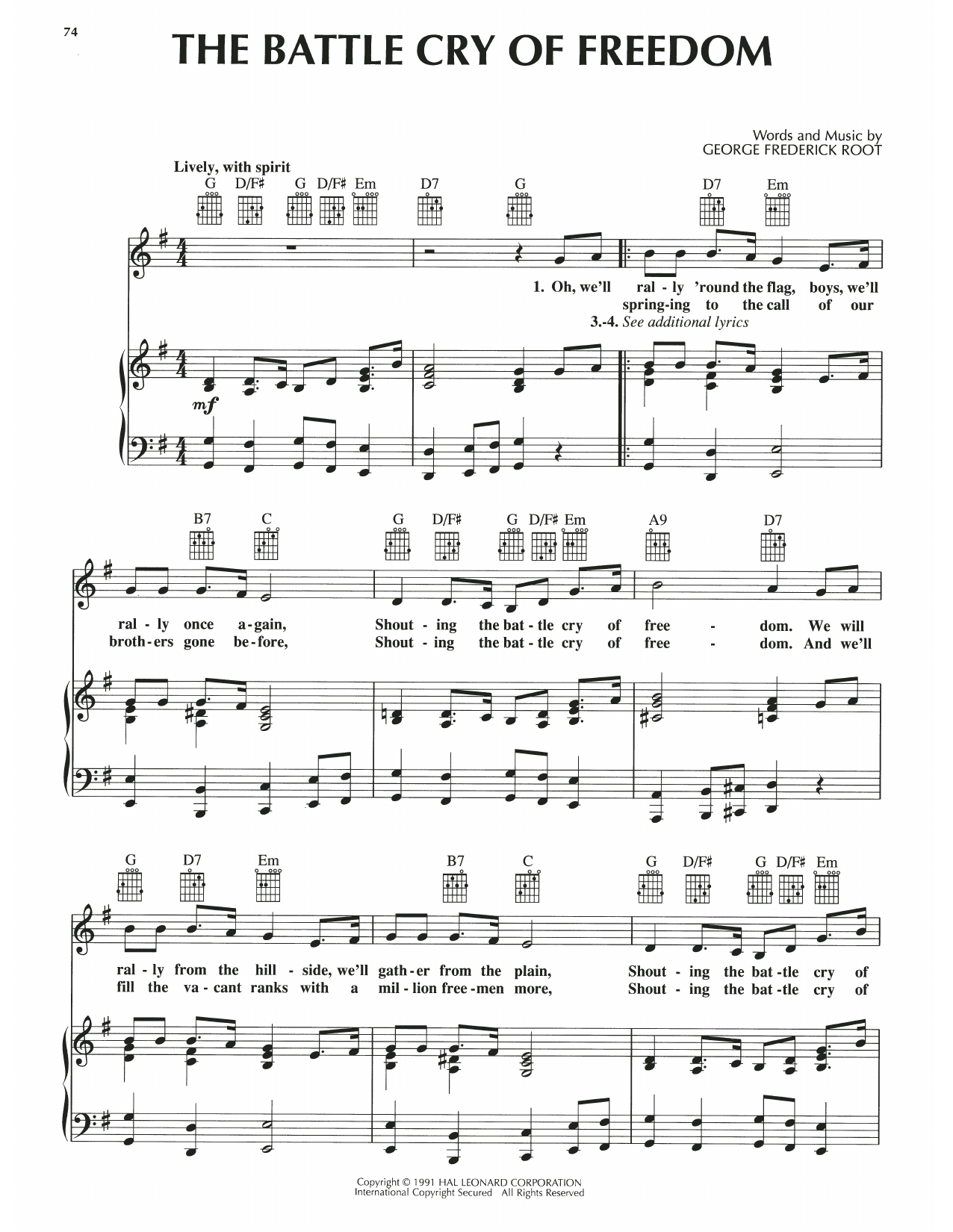 George Frederick Root The Battle Cry Of Freedom Sheet Music Notes & Chords for Piano, Vocal & Guitar Chords (Right-Hand Melody) - Download or Print PDF