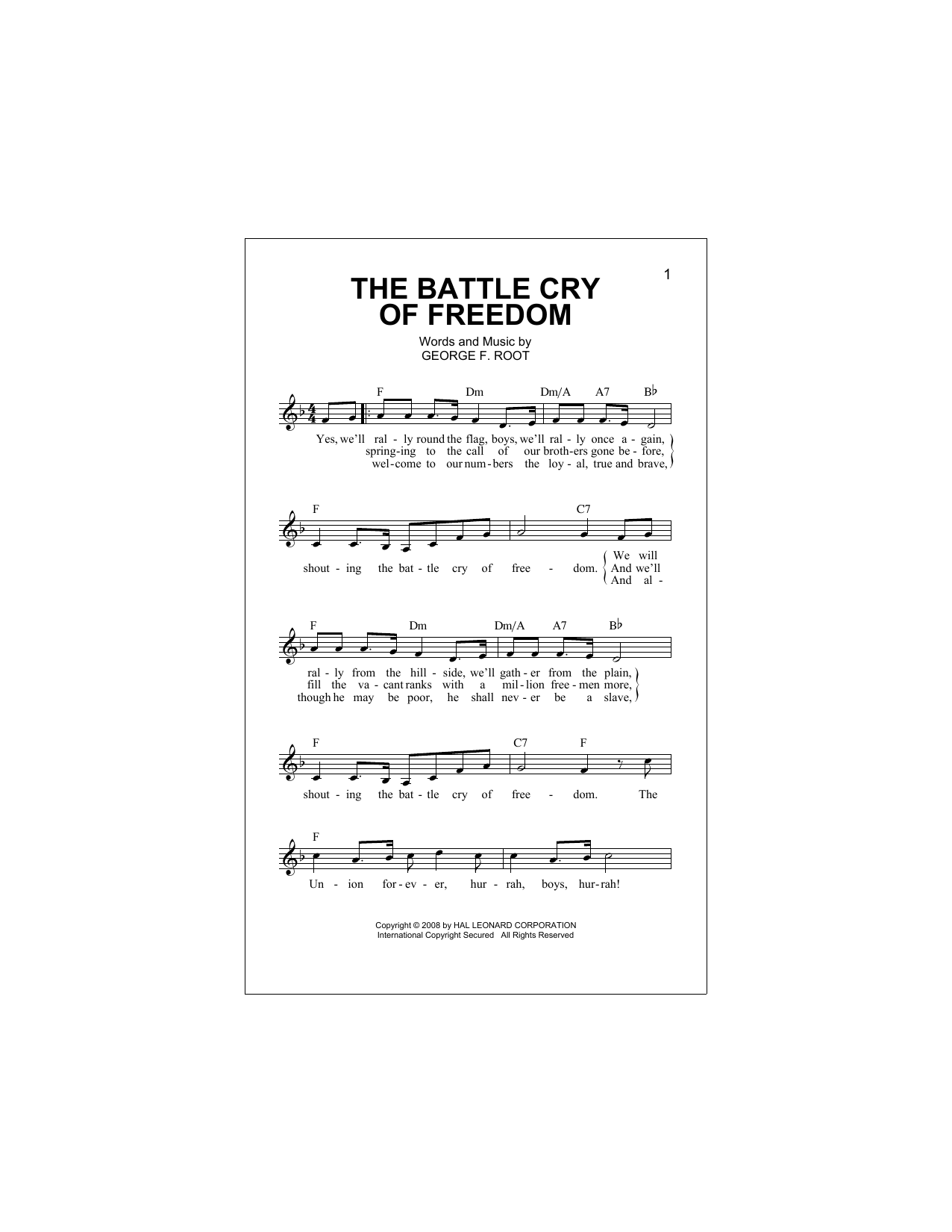 George Frederick Root The Battle Cry Of Freedom Sheet Music Notes & Chords for Piano, Vocal & Guitar Chords (Right-Hand Melody) - Download or Print PDF