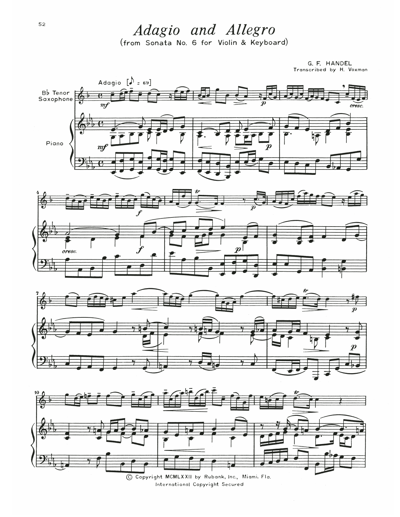 George Frideric Handel Adagio And Allegro Sheet Music Notes & Chords for Tenor Sax and Piano - Download or Print PDF