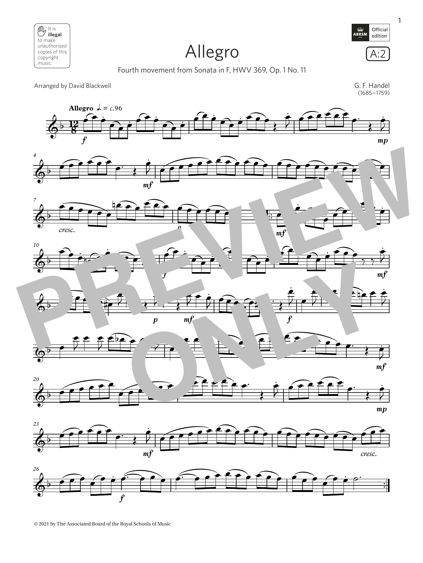 George Frideric Handel Allegro (from Sonata in F, Op.1 No.11) (Grade 4 A2 from the ABRSM Saxophone syllabus from 2022) Sheet Music Notes & Chords for Alto Sax Solo - Download or Print PDF