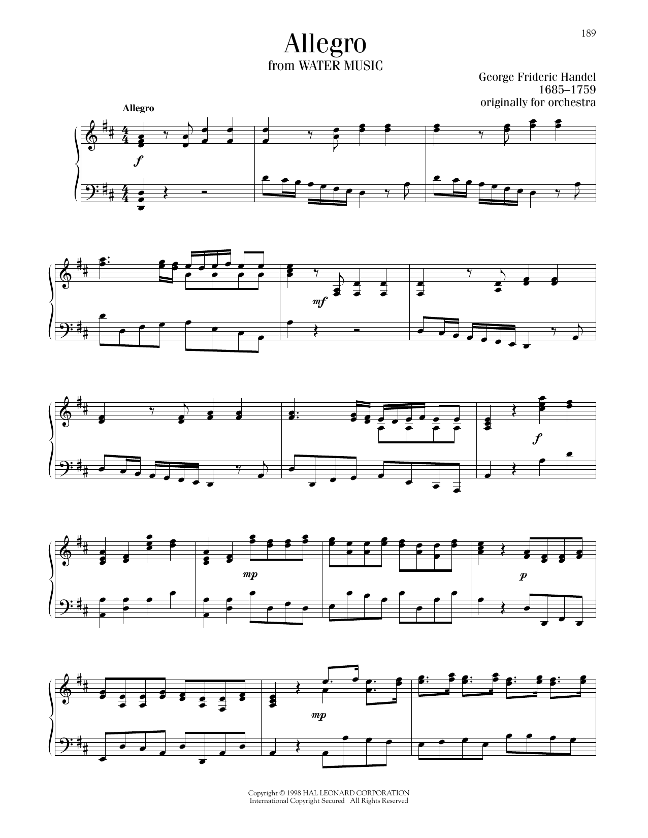 George Frideric Handel Allegro Sheet Music Notes & Chords for Piano Solo - Download or Print PDF