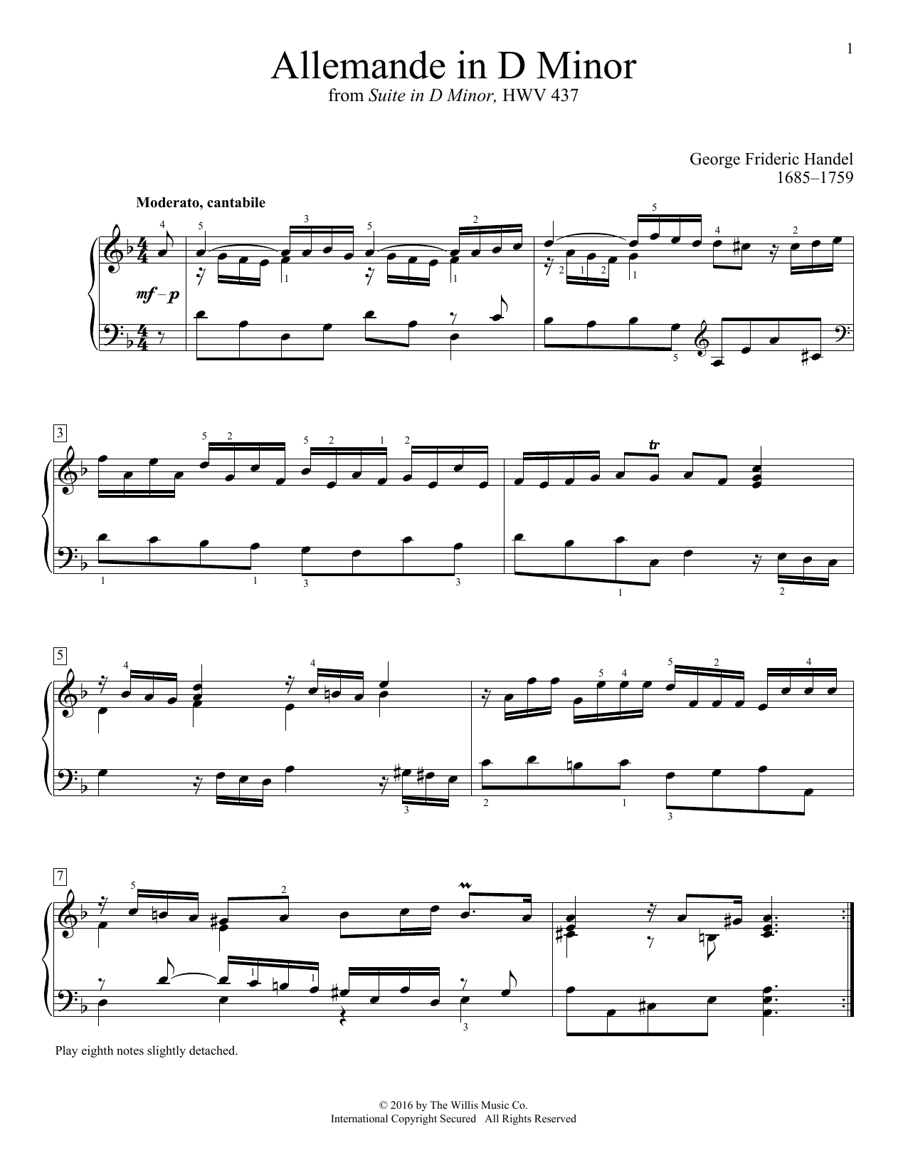 George Frideric Handel Allemande In D Minor Sheet Music Notes & Chords for Educational Piano - Download or Print PDF