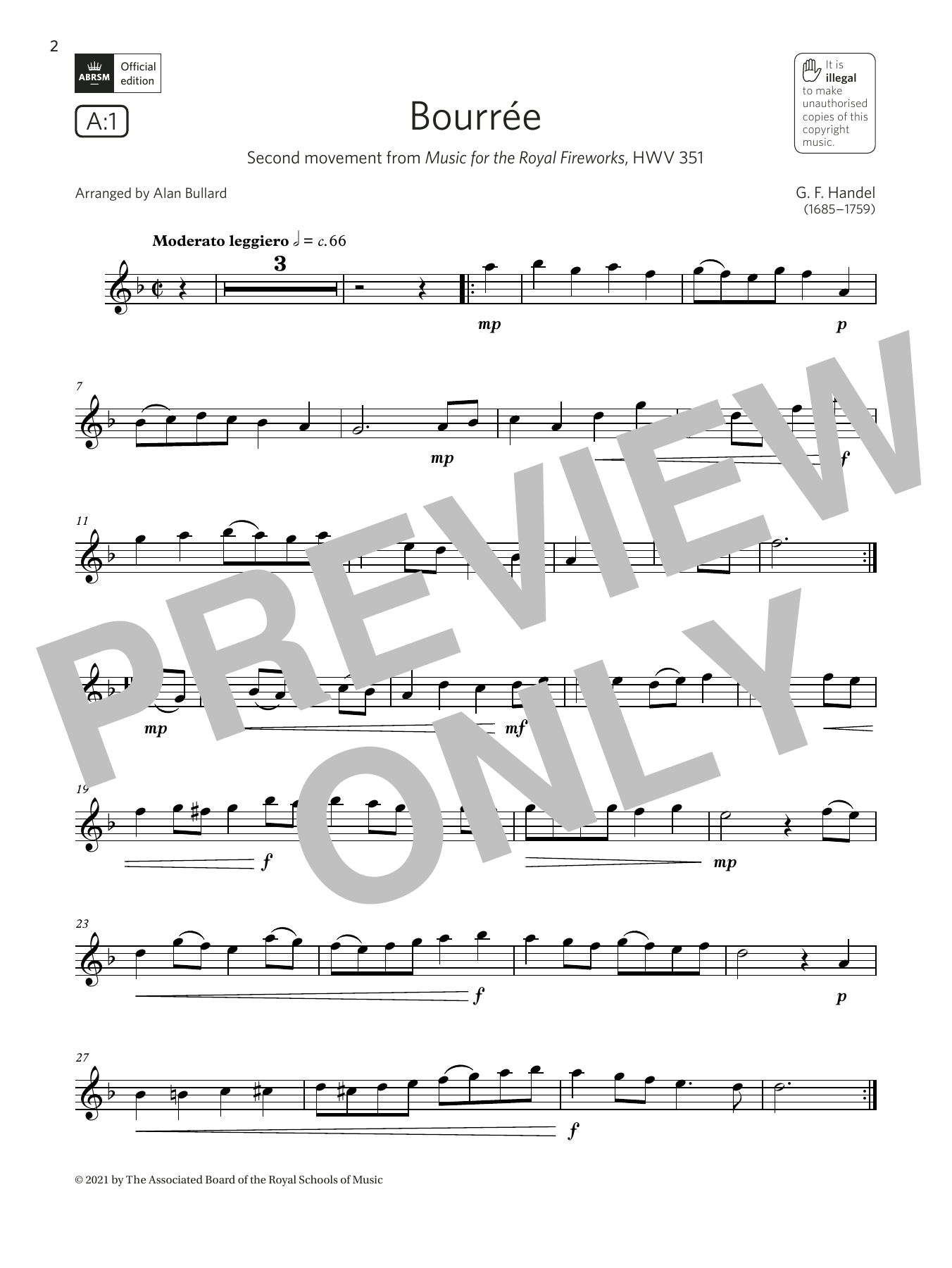 George Frideric Handel Bourrée (from Music for the Royal Fireworks)(Grade 2 A1, the ABRSM Saxophone syllabus from 2022) Sheet Music Notes & Chords for Alto Sax Solo - Download or Print PDF