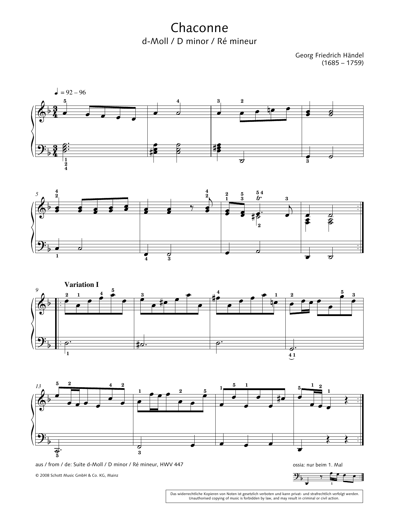 George Frideric Handel Chaconne in D Minor Sheet Music Notes & Chords for Piano Solo - Download or Print PDF
