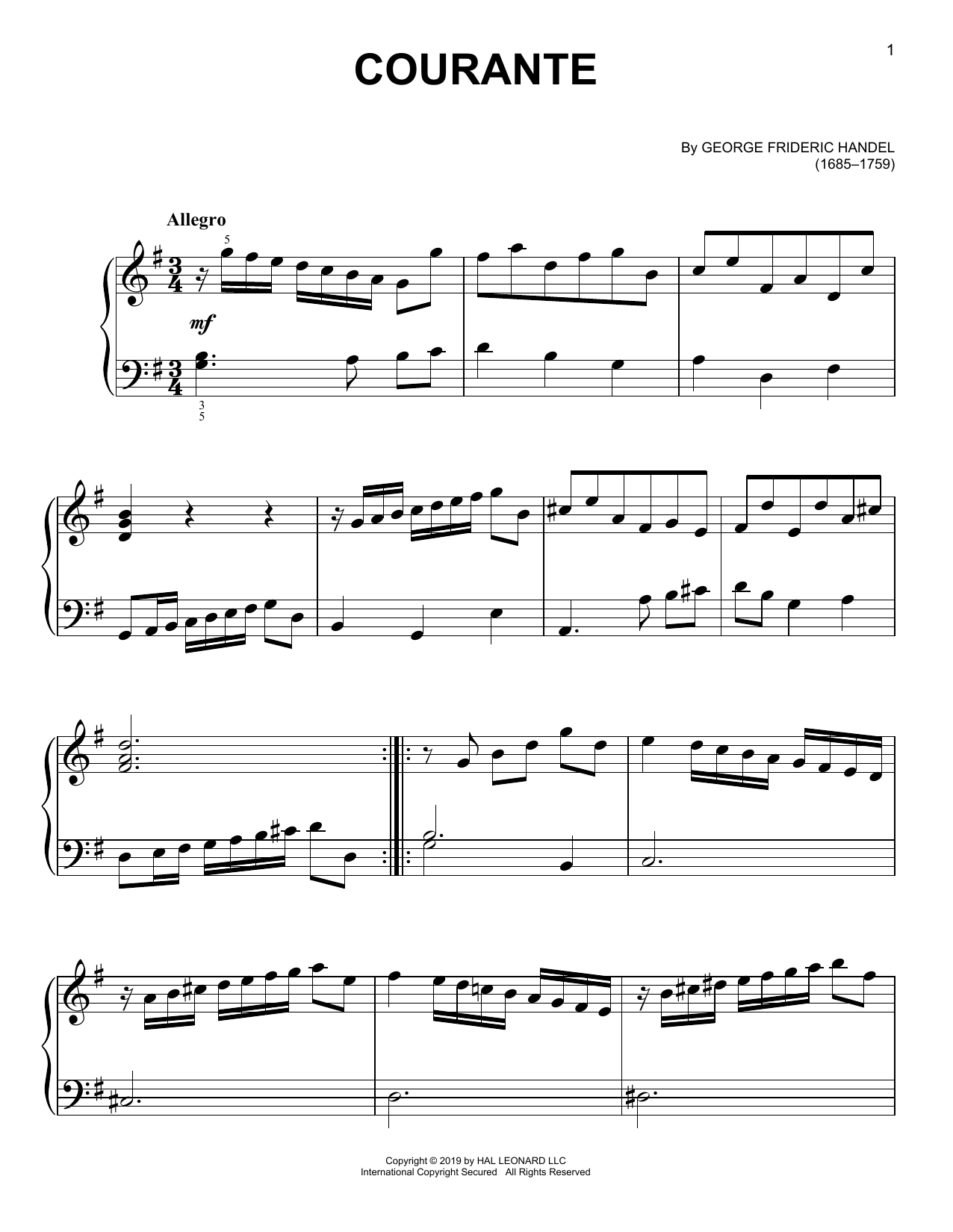George Frideric Handel Courante Sheet Music Notes & Chords for Easy Piano - Download or Print PDF