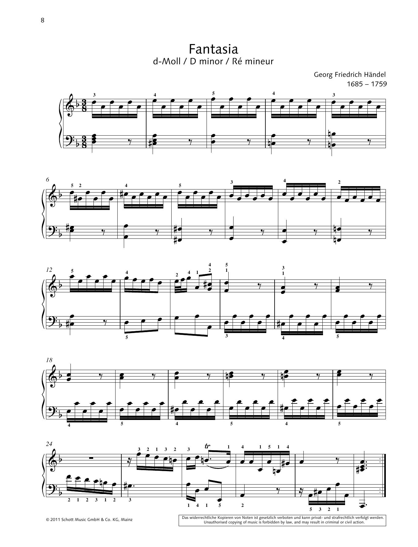 George Frideric Handel Fantasia D minor Sheet Music Notes & Chords for Piano Solo - Download or Print PDF