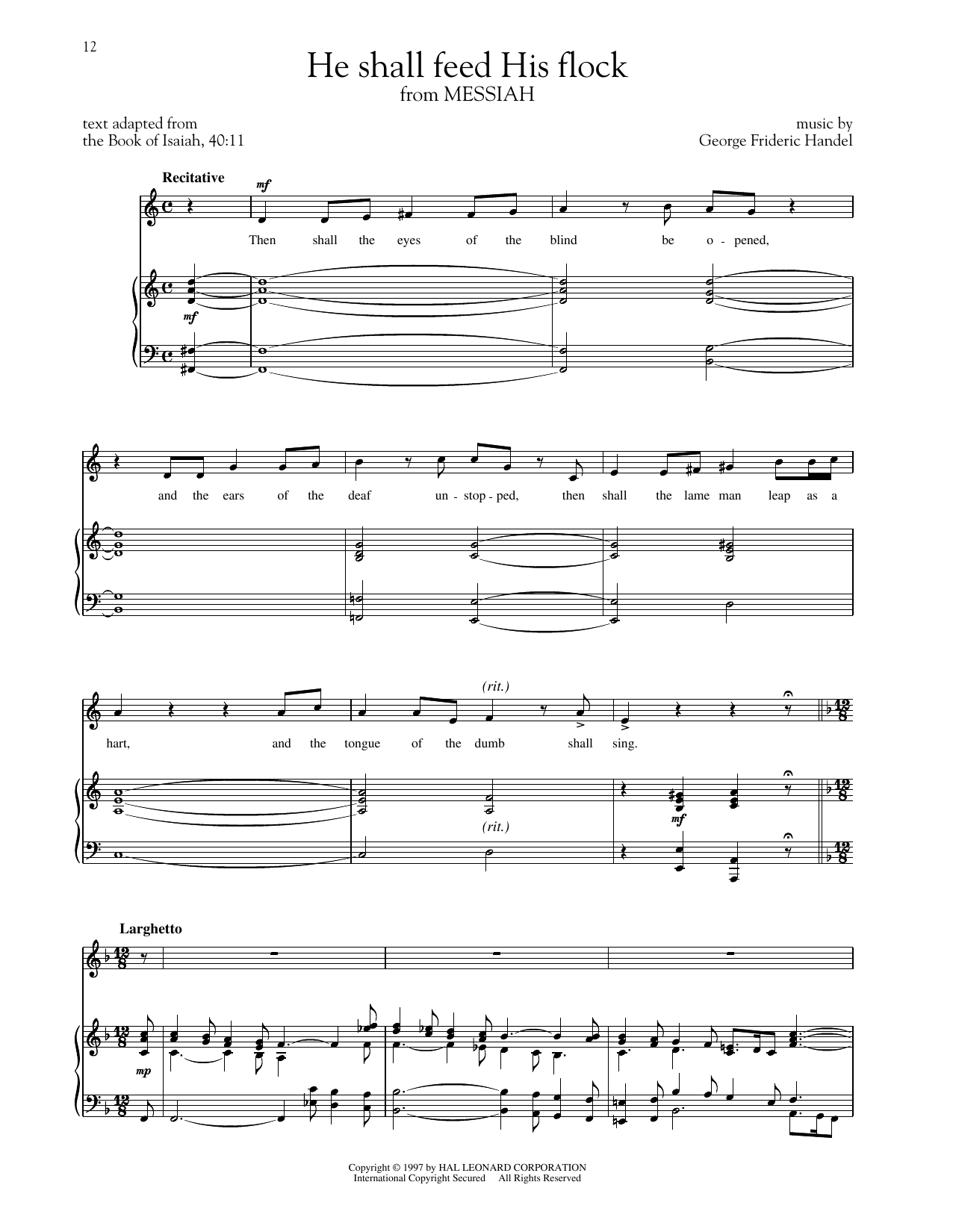 George Frideric Handel He Shall Feed His Flock (arr. Richard Walters) (High Voice) Sheet Music Notes & Chords for Piano & Vocal - Download or Print PDF