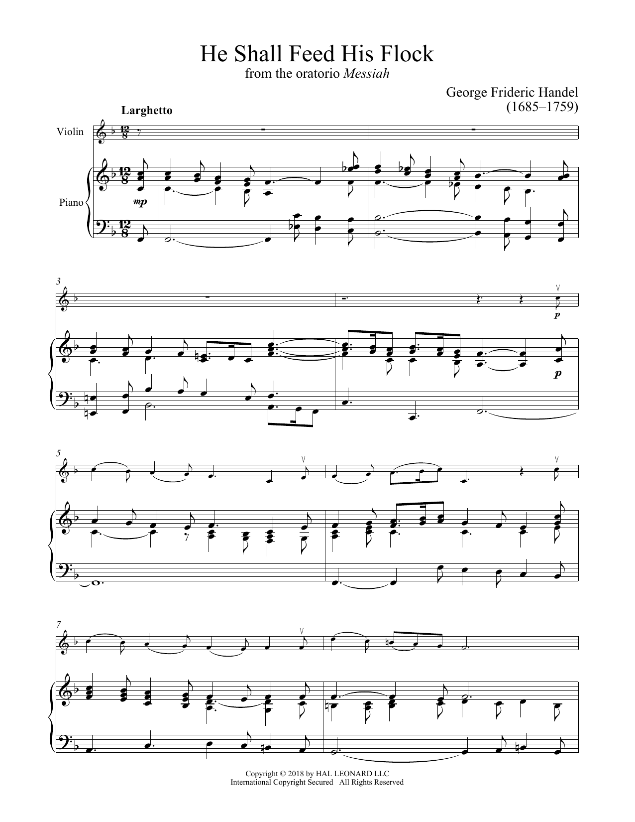 George Frideric Handel He Shall Feed His Flock Sheet Music Notes & Chords for Violin and Piano - Download or Print PDF