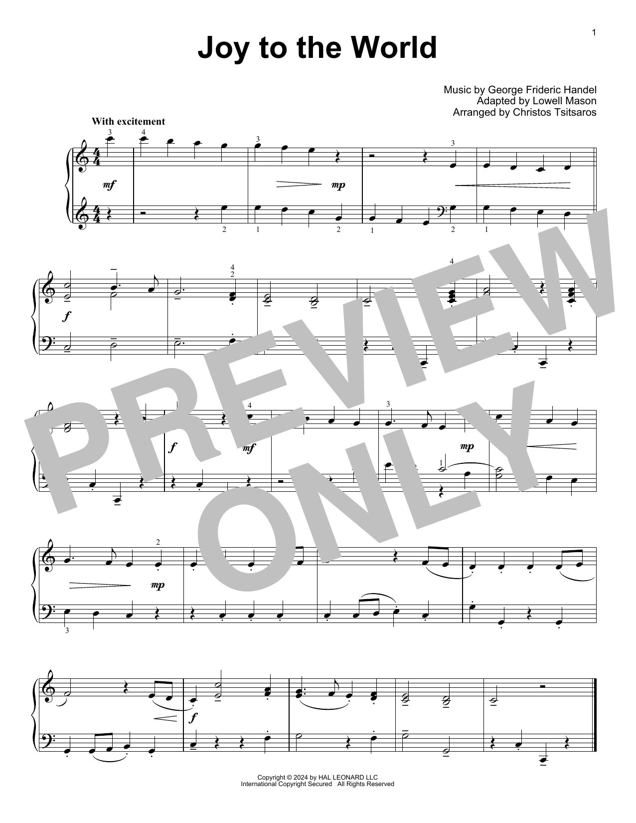 George Frideric Handel Joy To The World (arr. Christos Tsitsaros) Sheet Music Notes & Chords for Easy Piano Solo - Download or Print PDF