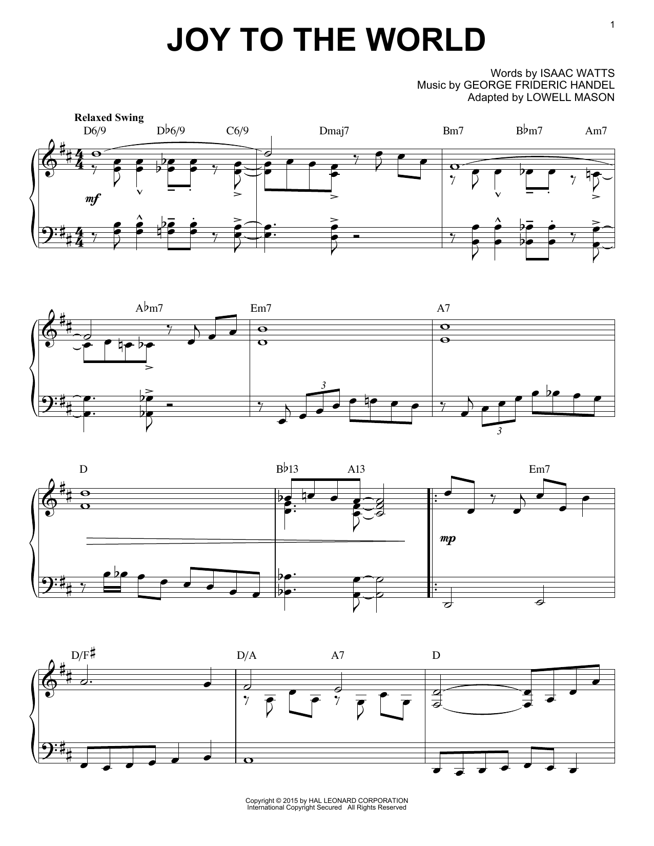 George Frideric Handel Joy To The World [Jazz version] (arr. Brent Edstrom) Sheet Music Notes & Chords for Piano - Download or Print PDF