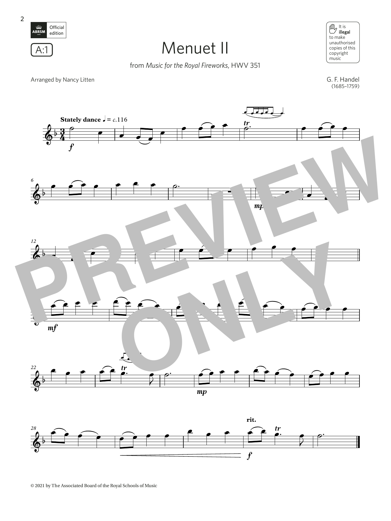 George Frideric Handel Menuet II (Music for the Royal Fireworks) (Grade 2 List A1 from the ABRSM Flute syllabus from 2022) Sheet Music Notes & Chords for Flute Solo - Download or Print PDF George Frideric Handel Menuet II (Music for the Royal Fireworks) (Grade 2 List A1 from the ABRSM Flute syllabus from 2022) Sheet Music Notes & Chords for Flute Solo - Download or Print PDF