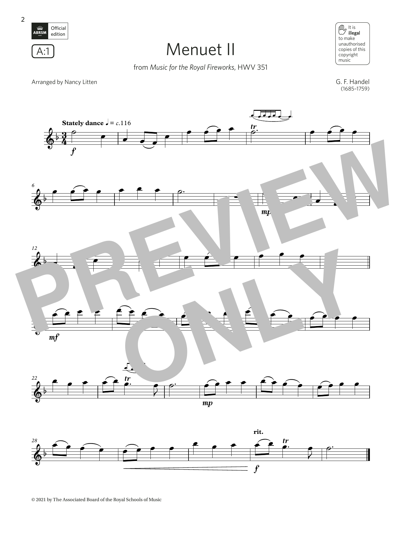 George Frideric Handel Menuet II (Music for the Royal Fireworks) (Grade 2 List A1 from the ABRSM Flute syllabus from 2022) Sheet Music Notes & Chords for Flute Solo - Download or Print PDF