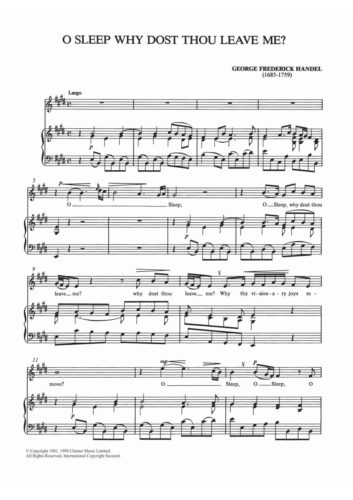 George Frideric Handel O Sleep Why Dost Thou Leave Me? Sheet Music Notes & Chords for Piano & Vocal - Download or Print PDF