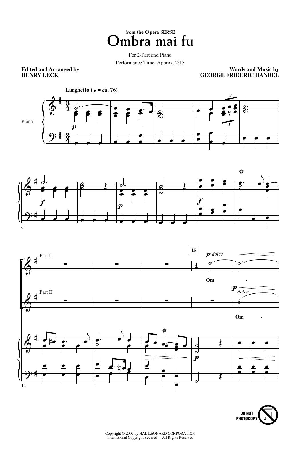 George Frideric Handel Ombra Mai Fu (from Serse) (arr. Henry Leck) Sheet Music Notes & Chords for 2-Part Choir - Download or Print PDF