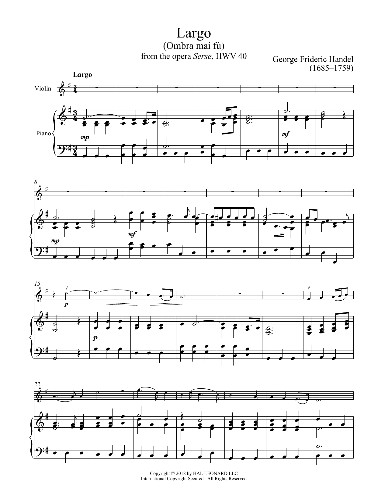 George Frideric Handel Ombra Mai Fu Sheet Music Notes & Chords for Clarinet and Piano - Download or Print PDF