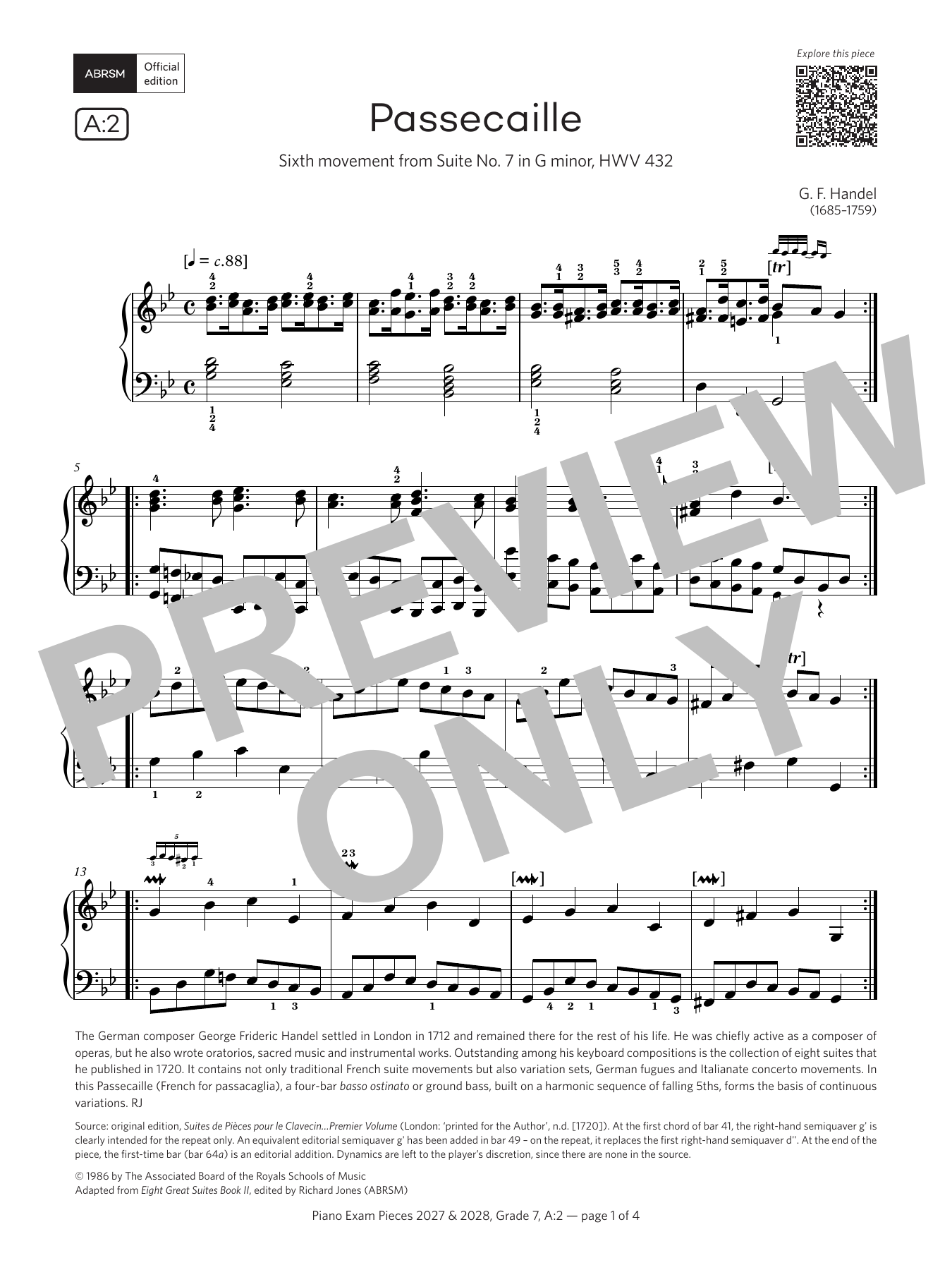 George Frideric Handel Passacaille (Grade 7, list A2, from the ABRSM Piano Syllabus 2027 & 2028) Sheet Music Notes & Chords for Piano Solo - Download or Print PDF