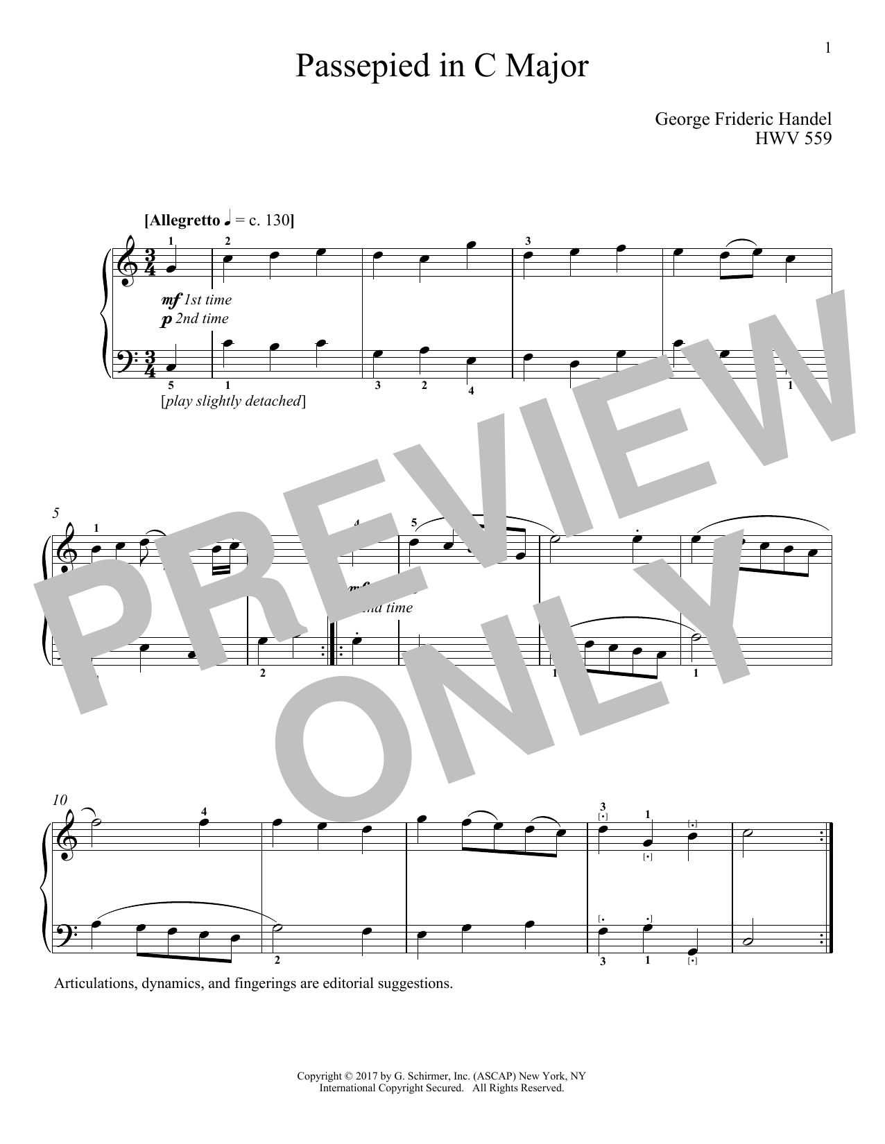 George Frideric Handel Passepied In C Major, HWV 559 Sheet Music Notes & Chords for Educational Piano - Download or Print PDF
