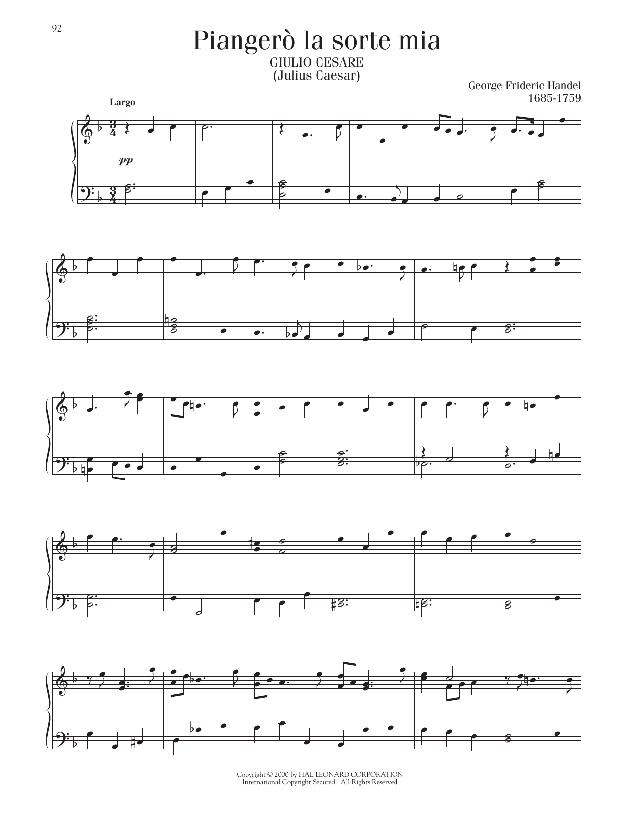 George Frideric Handel Piangero La Sorte Mia Sheet Music Notes & Chords for Piano Solo - Download or Print PDF