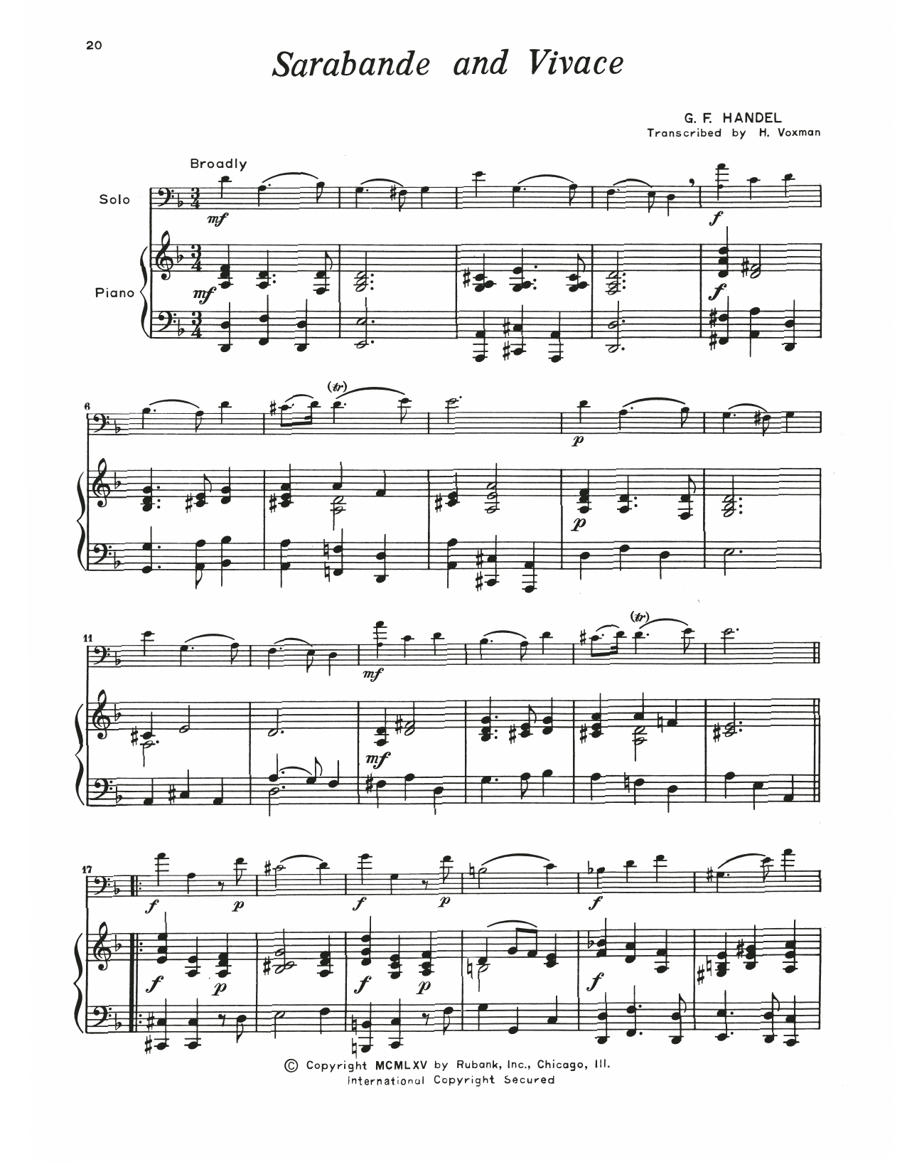 George Frideric Handel Sarabande & Vivace Sheet Music Notes & Chords for Trombone and Piano - Download or Print PDF