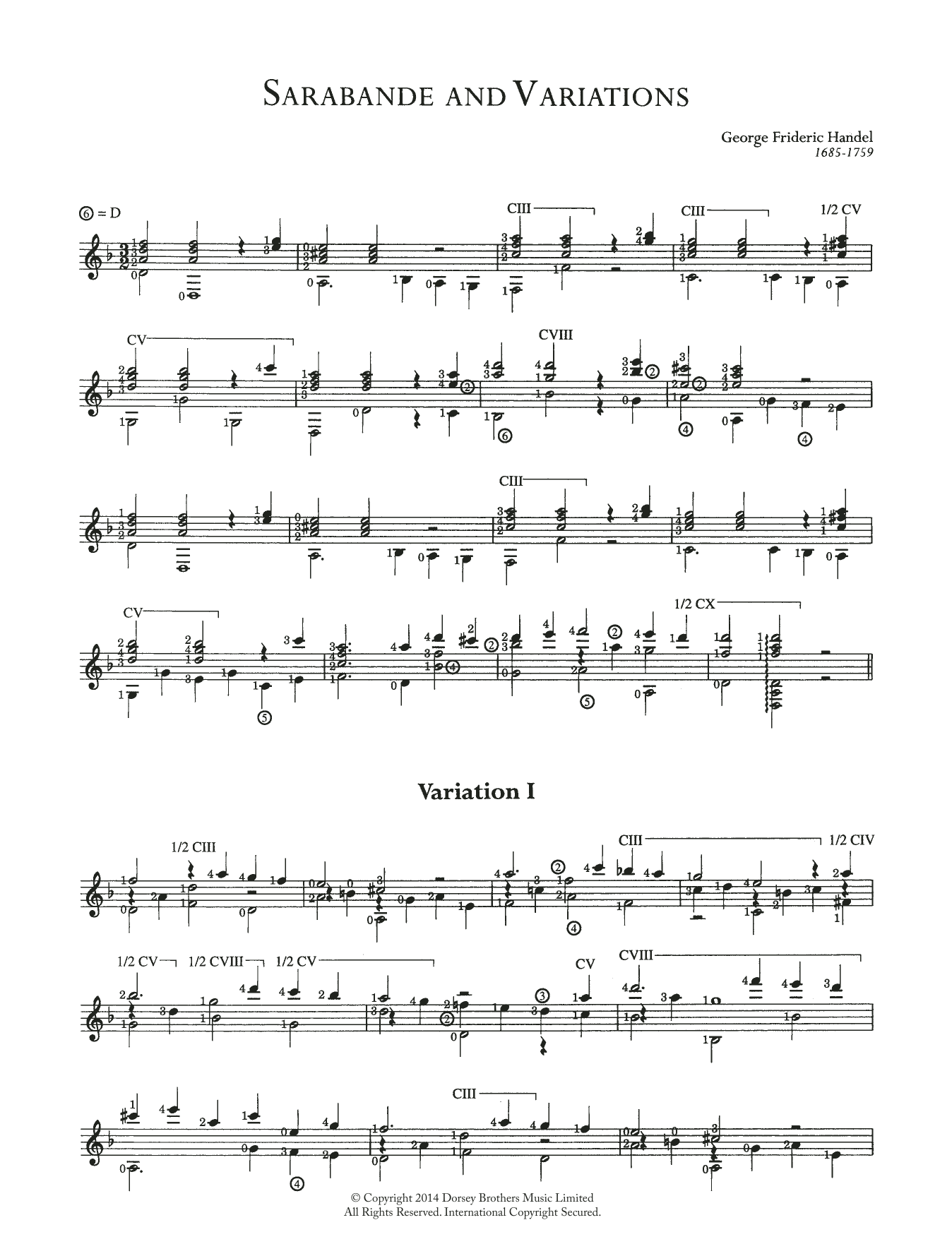 George Frideric Handel Sarabande And Variations Sheet Music Notes & Chords for Guitar - Download or Print PDF