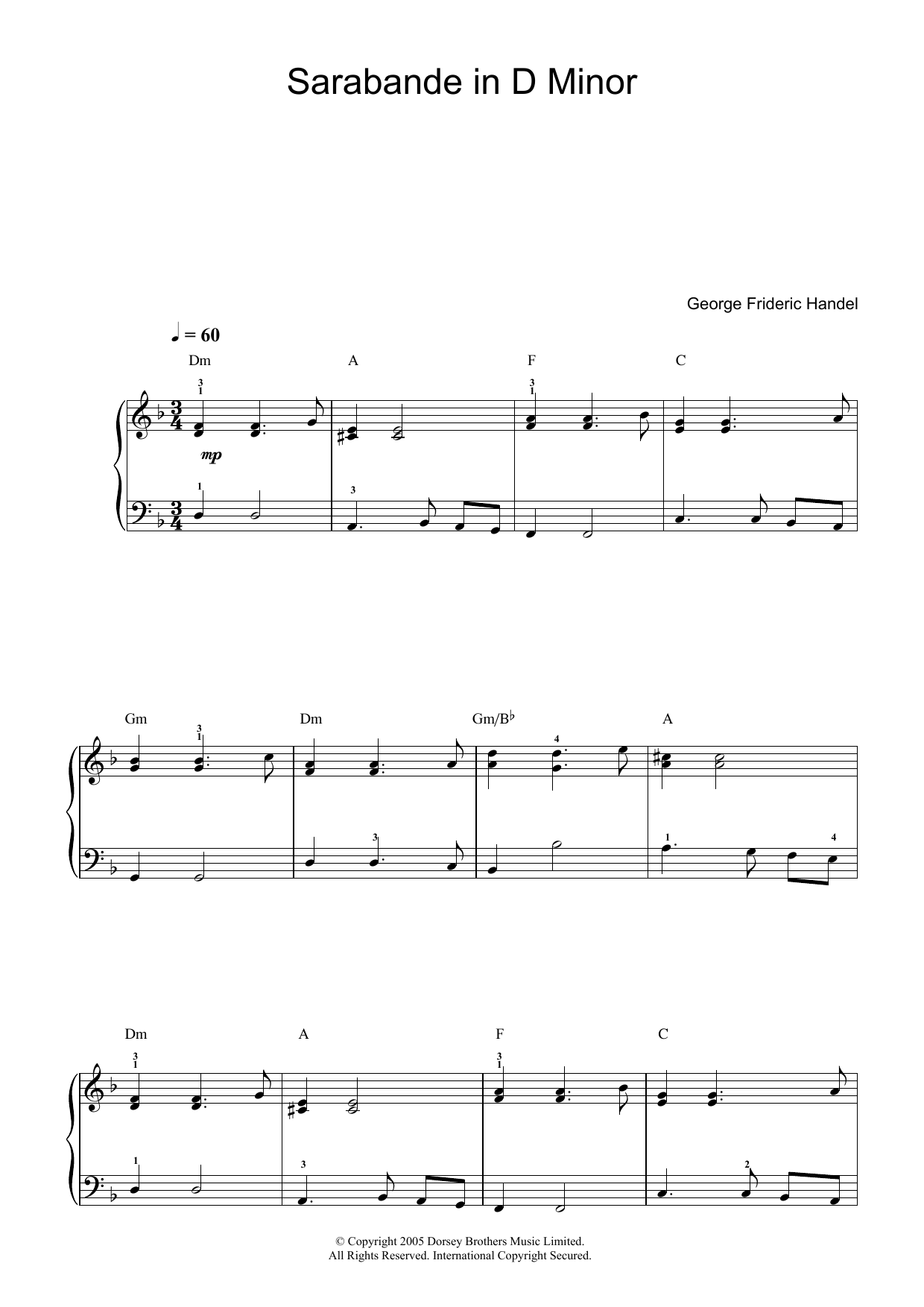 George Frideric Handel Sarabande (from Harpsichord Suite in D Minor) Sheet Music Notes & Chords for Beginner Piano - Download or Print PDF
