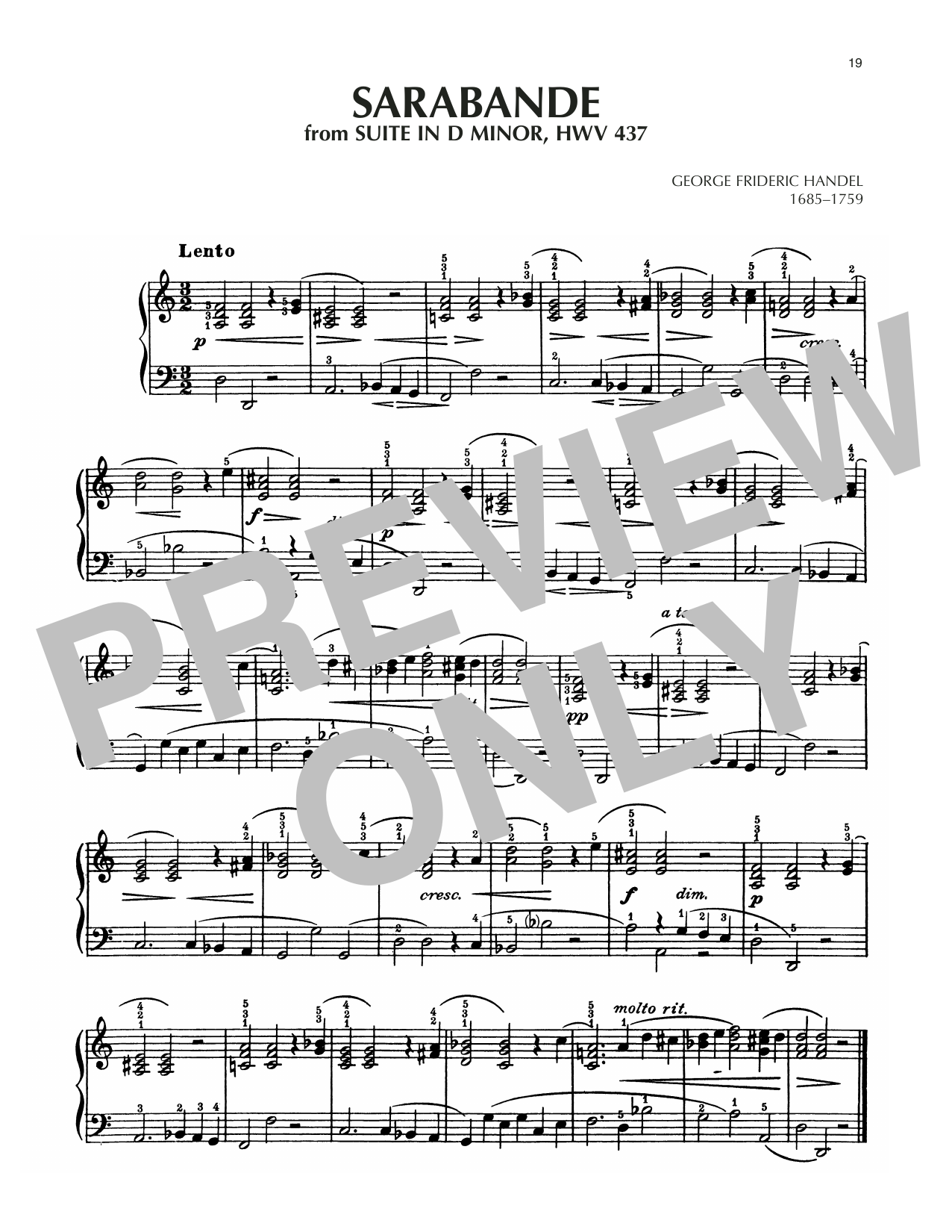 George Frideric Handel Sarabande, HWV 437 Sheet Music Notes & Chords for Piano Solo - Download or Print PDF