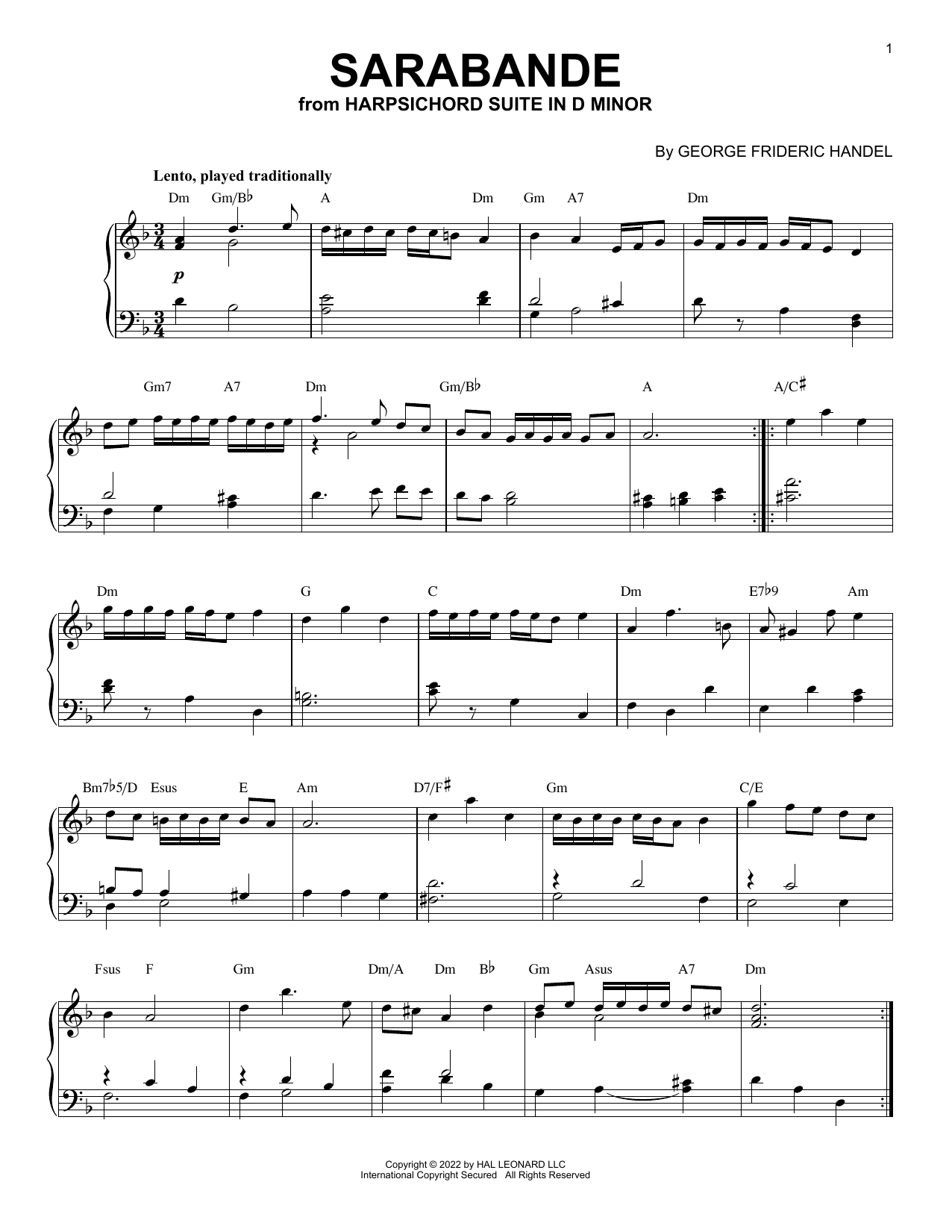 George Frideric Handel Sarabande In D Minor [Jazz version] (arr. Brent Edstrom) Sheet Music Notes & Chords for Piano Solo - Download or Print PDF