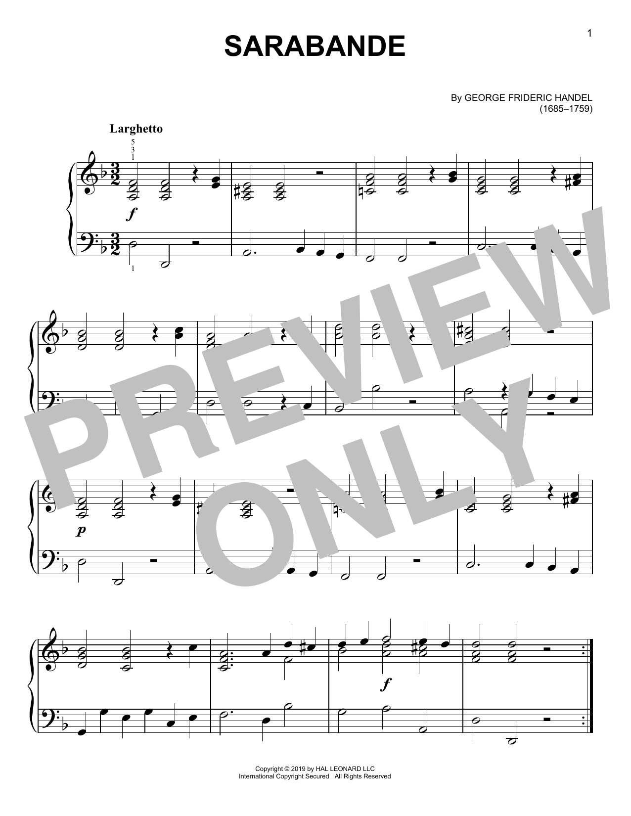 George Frideric Handel Sarabande Sheet Music Notes & Chords for Piano Solo - Download or Print PDF