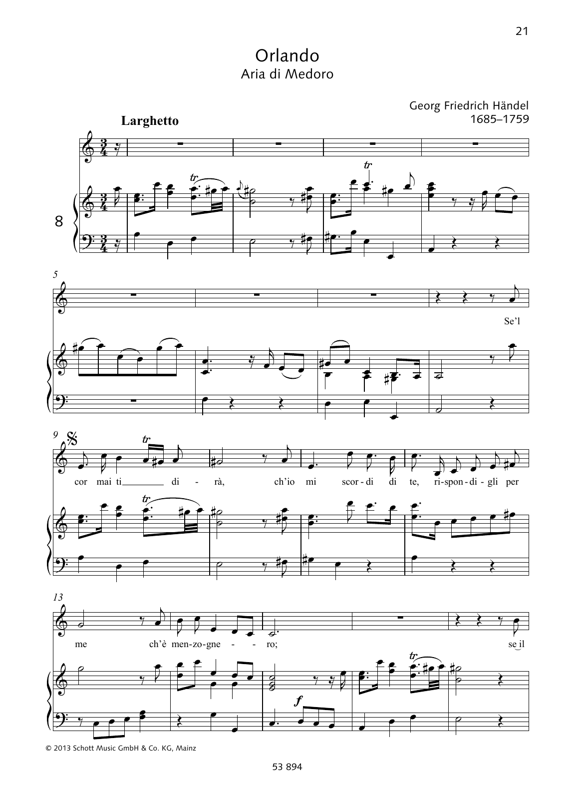 George Frideric Handel Se'l cor mai ti dirà Sheet Music Notes & Chords for Piano & Vocal - Download or Print PDF