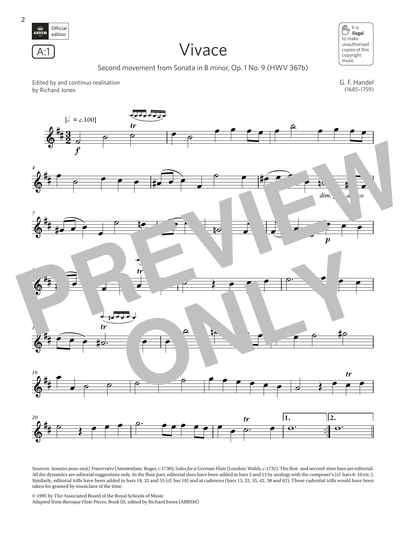 George Frideric Handel Vivace (from Sonata in B minor, Op.1 No.9)(Grade 5 List A1 from the ABRSM Flute syllabus from 2022) Sheet Music Notes & Chords for Flute Solo - Download or Print PDF