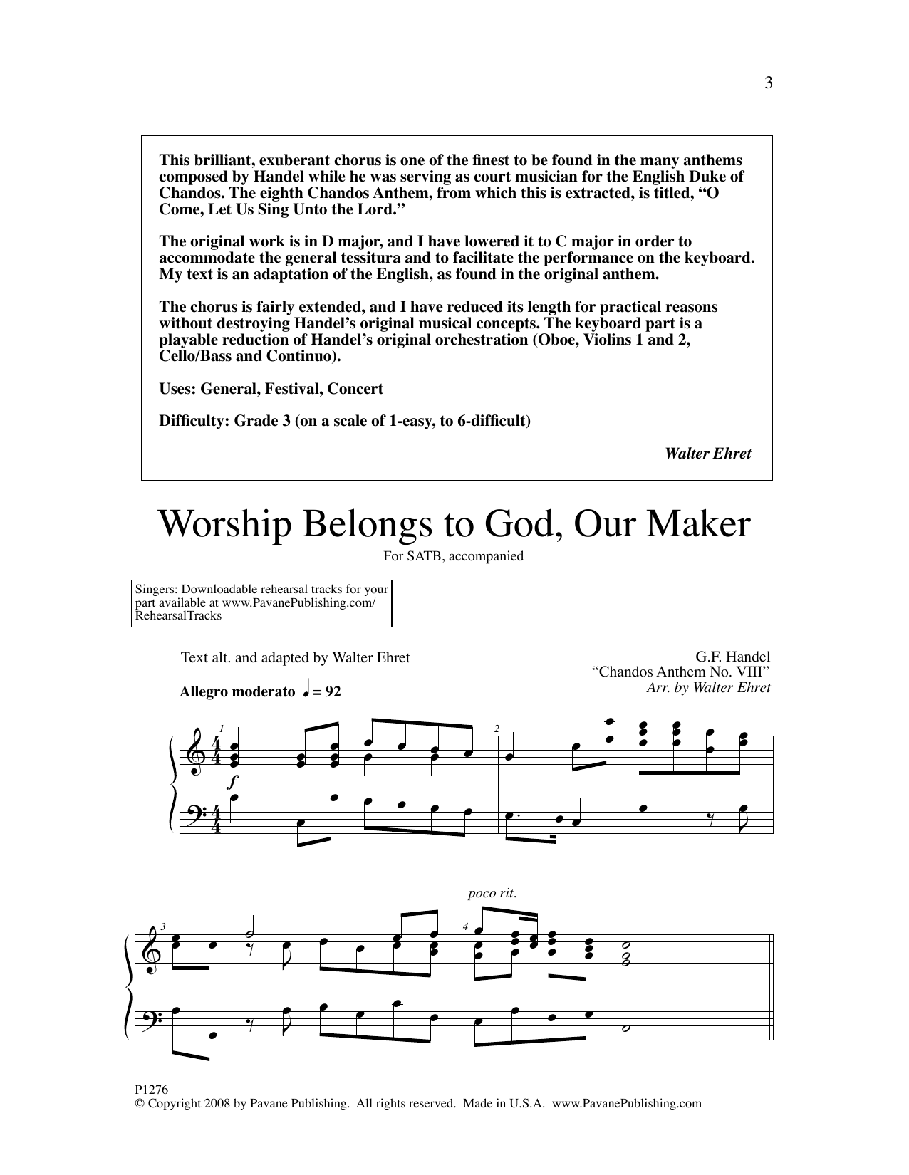George Friedrich Handel Worship Belongs to God, Our Maker (arr. Walter Ehret) Sheet Music Notes & Chords for SATB Choir - Download or Print PDF