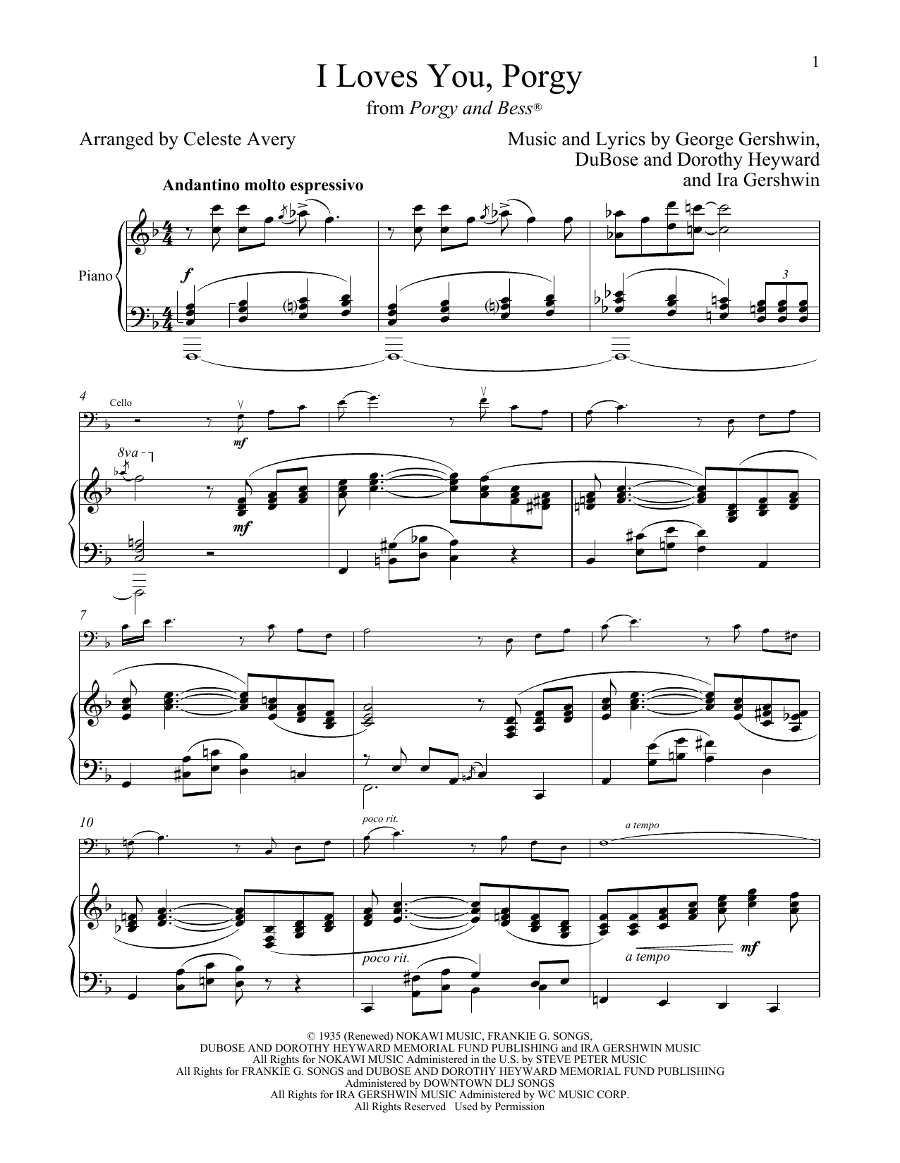 George Gershwin & Ira Gershwin I Loves You, Porgy (from Porgy and Bess) Sheet Music Notes & Chords for Cello and Piano - Download or Print PDF