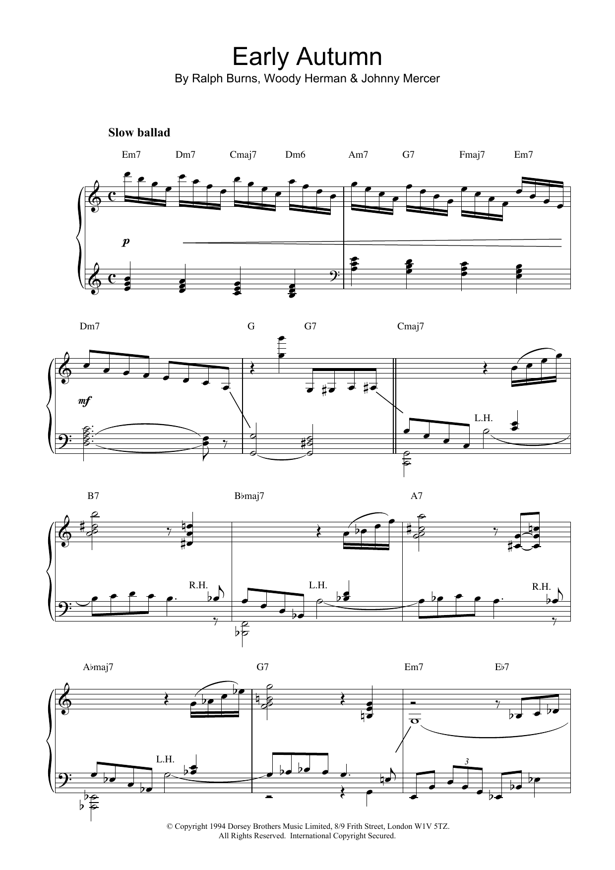 George Gershwin Early Autumn Sheet Music Notes & Chords for Piano Solo - Download or Print PDF