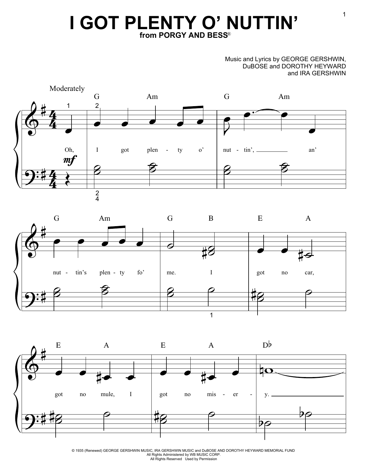 George Gershwin I Got Plenty O' Nuttin' Sheet Music Notes & Chords for Piano, Vocal & Guitar (Right-Hand Melody) - Download or Print PDF
