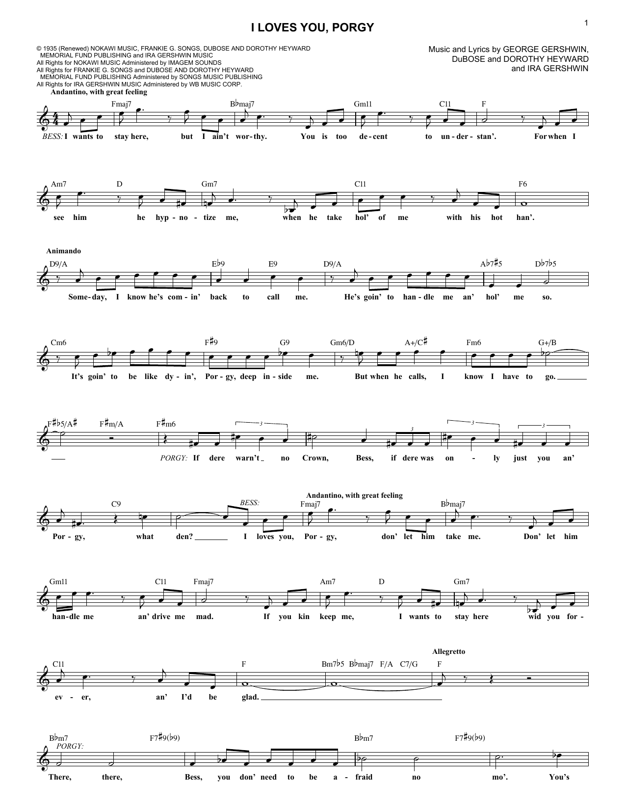 George Gershwin I Loves You, Porgy Sheet Music Notes & Chords for Melody Line, Lyrics & Chords - Download or Print PDF