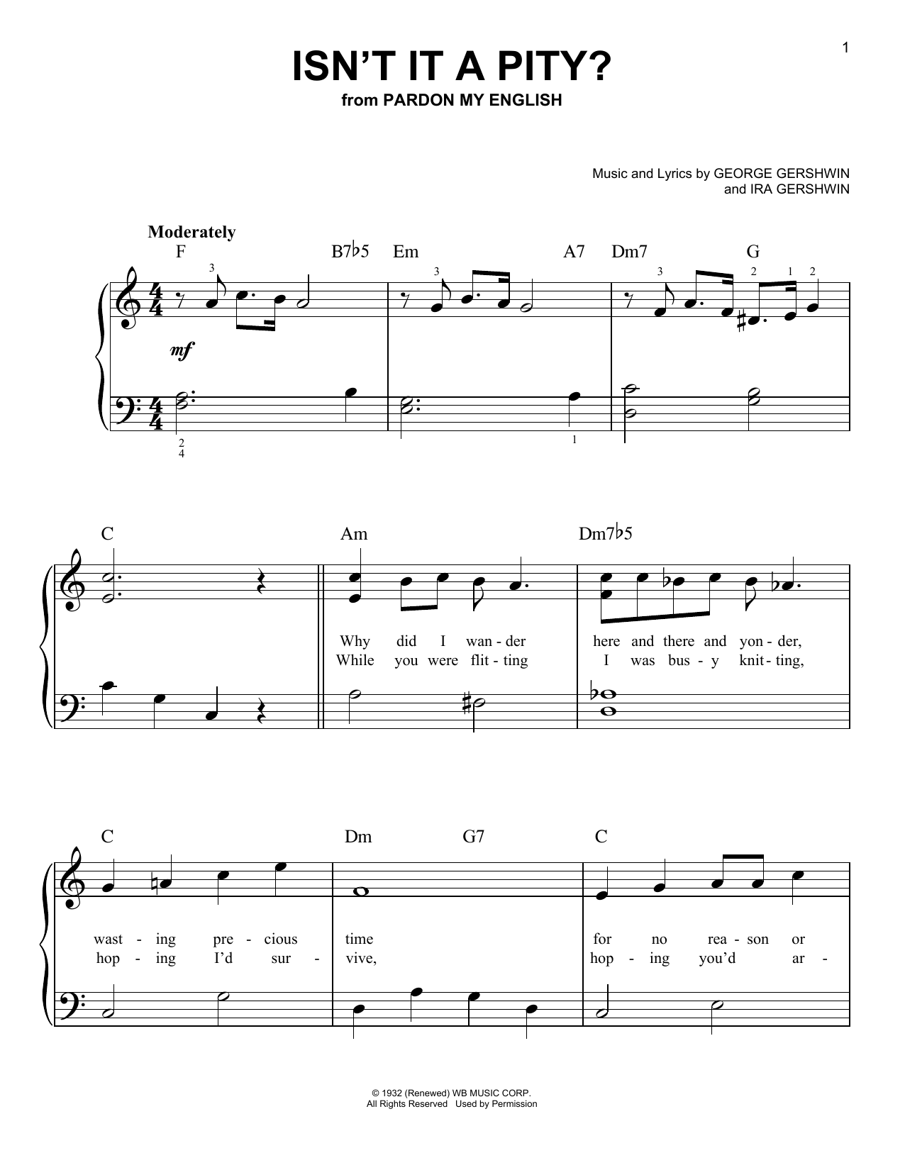 George Gershwin Isn't It A Pity? Sheet Music Notes & Chords for Easy Guitar - Download or Print PDF